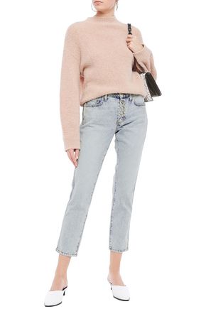 Shop Current Elliott Bleached Mid-rise Slim-leg Jeans In Light Denim