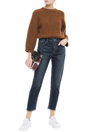 Shop Current Elliott The Exposed Fly Cropped Distressed High-rise Slim-leg Jeans In Dark Denim