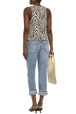 Shop Current Elliott The Fling Cropped Distressed Mid-rise Straight-leg Jeans In Mid Denim