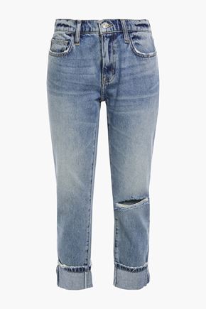 Shop Current Elliott The Fling Cropped Distressed Mid-rise Straight-leg Jeans In Mid Denim