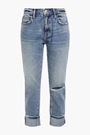 Shop Current Elliott The Fling Cropped Distressed Mid-rise Straight-leg Jeans In Mid Denim