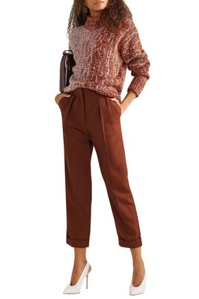 Shop Victoria Beckham Cropped Pleated Grain De Poudre Wool Tapered Pants In Brown