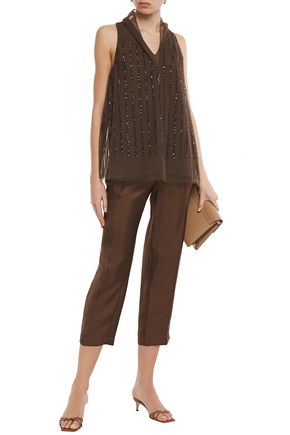 BRUNELLO CUCINELLI CROPPED SILK-FAILLE TAPERED PANTS,3074457345621925225