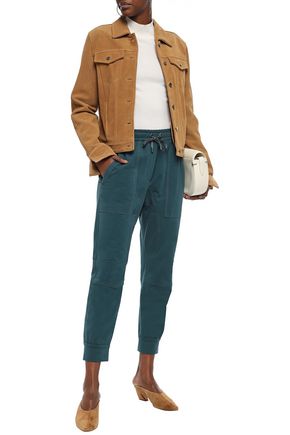 BRUNELLO CUCINELLI CROPPED BEAD-EMBELLISHED FRENCH COTTON-BLEND TERRY TRACK PANTS,3074457345621922419
