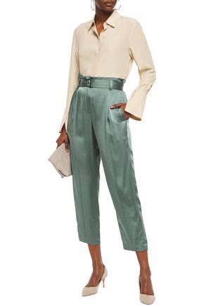 BRUNELLO CUCINELLI CROPPED BELTED SATIN TAPERED PANTS,3074457345621892049