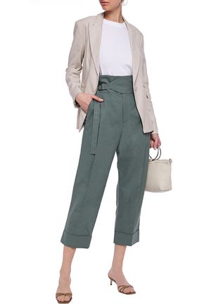 Brunello Cucinelli Cropped Linen And Cotton-blend Straight-leg Pants In Grey Green