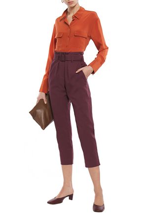Brunello Cucinelli Cropped Belted Linen And Cotton-blend Tapered Pants In Burgundy