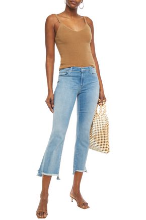 Shop J Brand Frayed Faded Mid-rise Kick-flare Jeans In Mid Denim