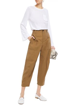 BRUNELLO CUCINELLI CROPPED CRINKLED COTTON-BLEND TAPERED PANTS,3074457345621974589