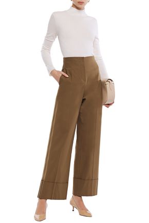 Brunello Cucinelli Bead-embellished Stretch-cotton Wide-leg Pants In Camel
