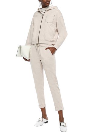 Brunello Cucinelli Bead-embellished French Cotton-terry Track Pants In Neutral