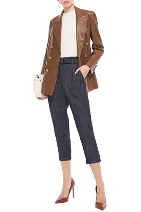 Brunello Cucinelli Cropped Belted Bead-embellished High-rise Tapered Jeans In Dark Denim