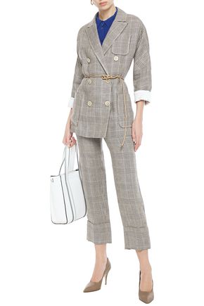 Brunello Cucinelli Cropped Prince Of Wales Checked Linen Straight-leg Pants In Taupe