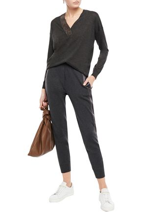 Brunello Cucinelli Bead-embellished Cashmere Tapered Pants In Charcoal