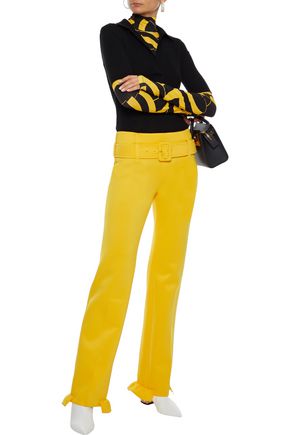 PRADA BELTED RUFFLE-TRIMMED SCUBA STRAIGHT-LEG PANTS,3074457345622024360