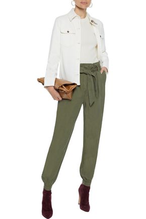 Frame Paperbag Belted Linen-blend Tapered Pants In Army Green