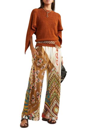 Chloé Woman Patchwork-effect Printed Silk-twill Wide-leg Pants Multicolor In Army Green