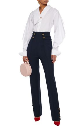 Oscar De La Renta Button-detailed Wool-blend Twill Straight-leg Pants In Navy