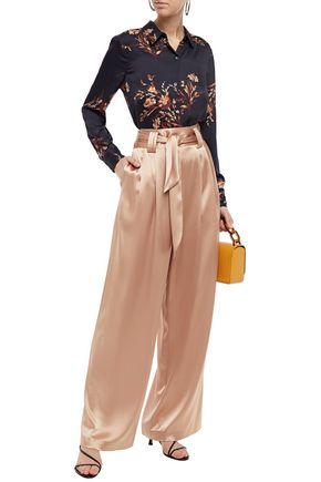 TORY BURCH BELTED PLEATED SATIN WIDE-LEG PANTS,3074457345624146906