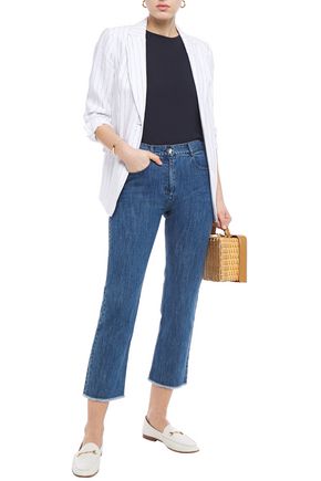 Shop Michael Kors Cropped Frayed Mid-rise Straight-leg Jeans In Mid Denim