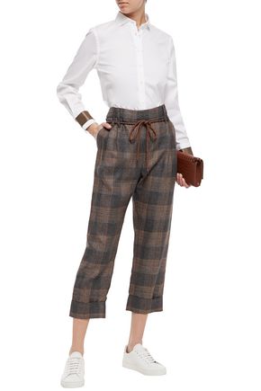 Brunello Cucinelli Cropped Belted Checked Linen-blend Straight-leg Pants In Anthracite