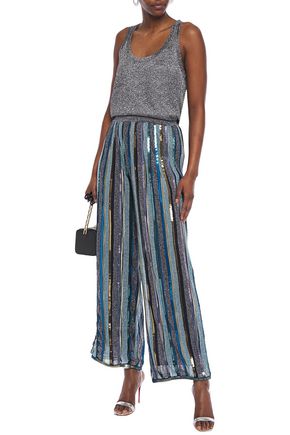 Missoni Woman Sequin-embellished Striped Metallic Crochet-knit Wide-leg Pants Blue