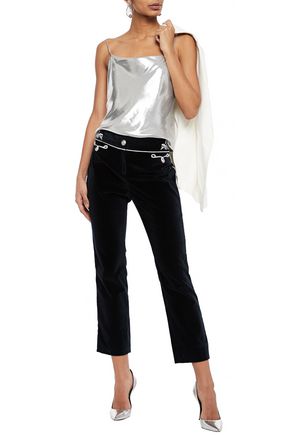 PACO RABANNE CROPPED EMBROIDERED COTTON-VELVET STRAIGHT-LEG PANTS,3074457345622350372