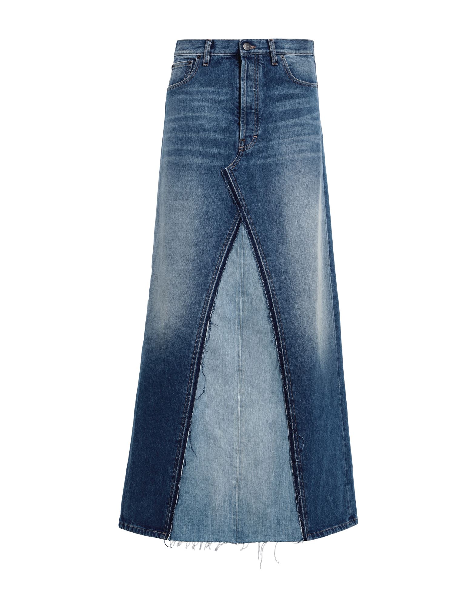 Distressed Two-tone Denim Maxi Skirt In Medium Wash