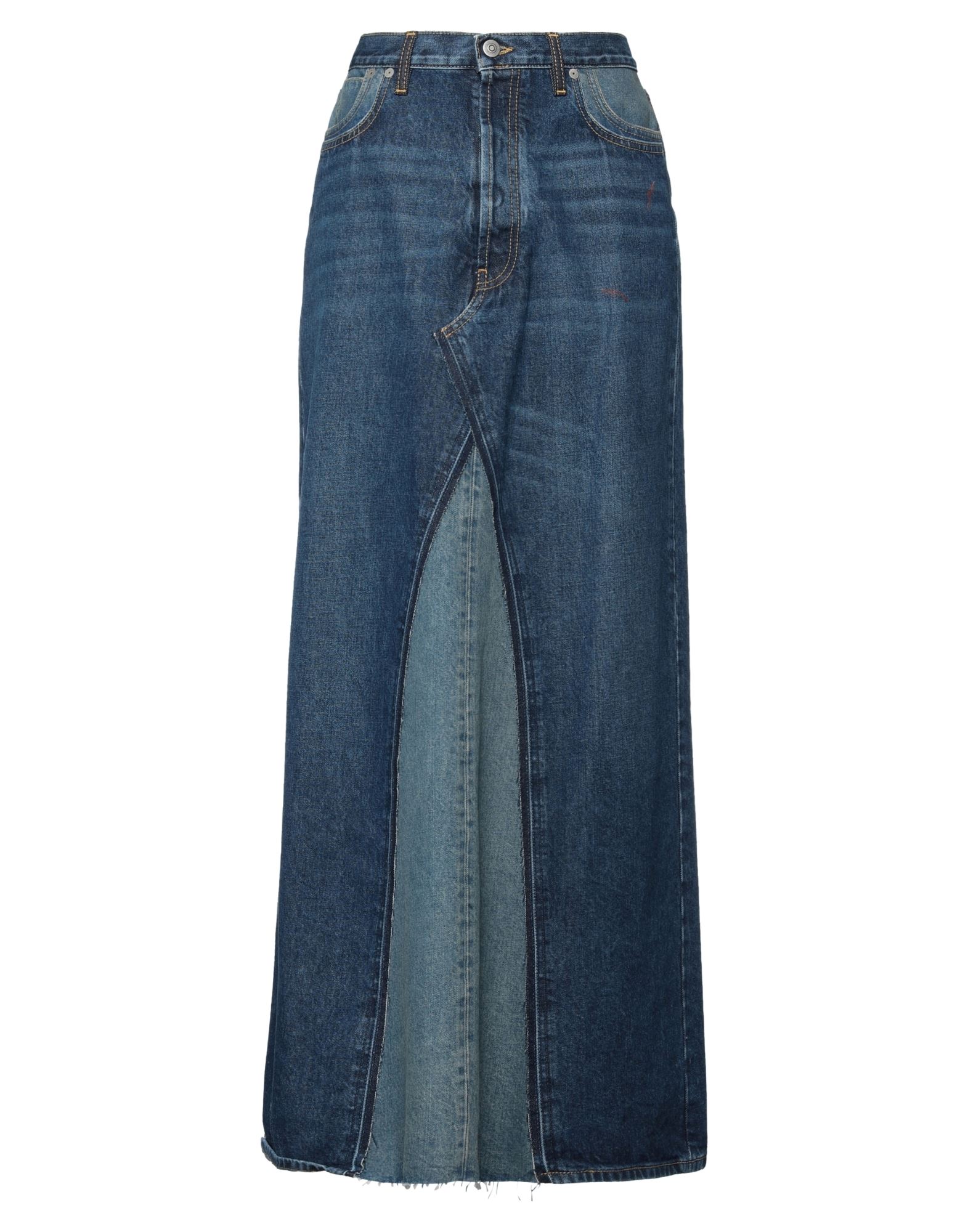 Maison Margiela Distressed Two-tone Denim Maxi Skirt In Blue