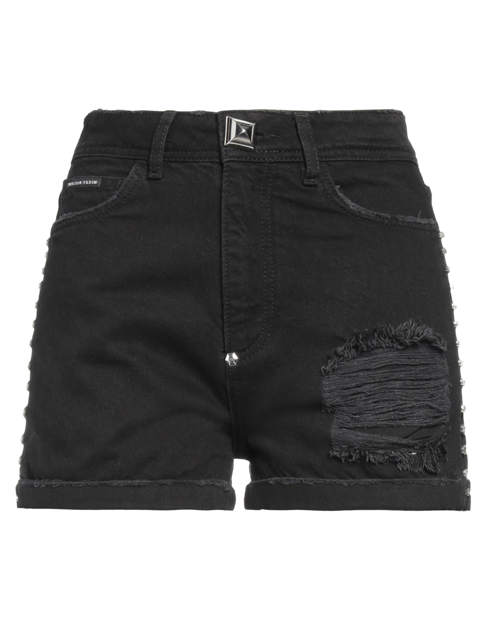 Shop Philipp Plein Woman Denim Shorts Black Size 27 Cotton, Fiberglass, Calfskin