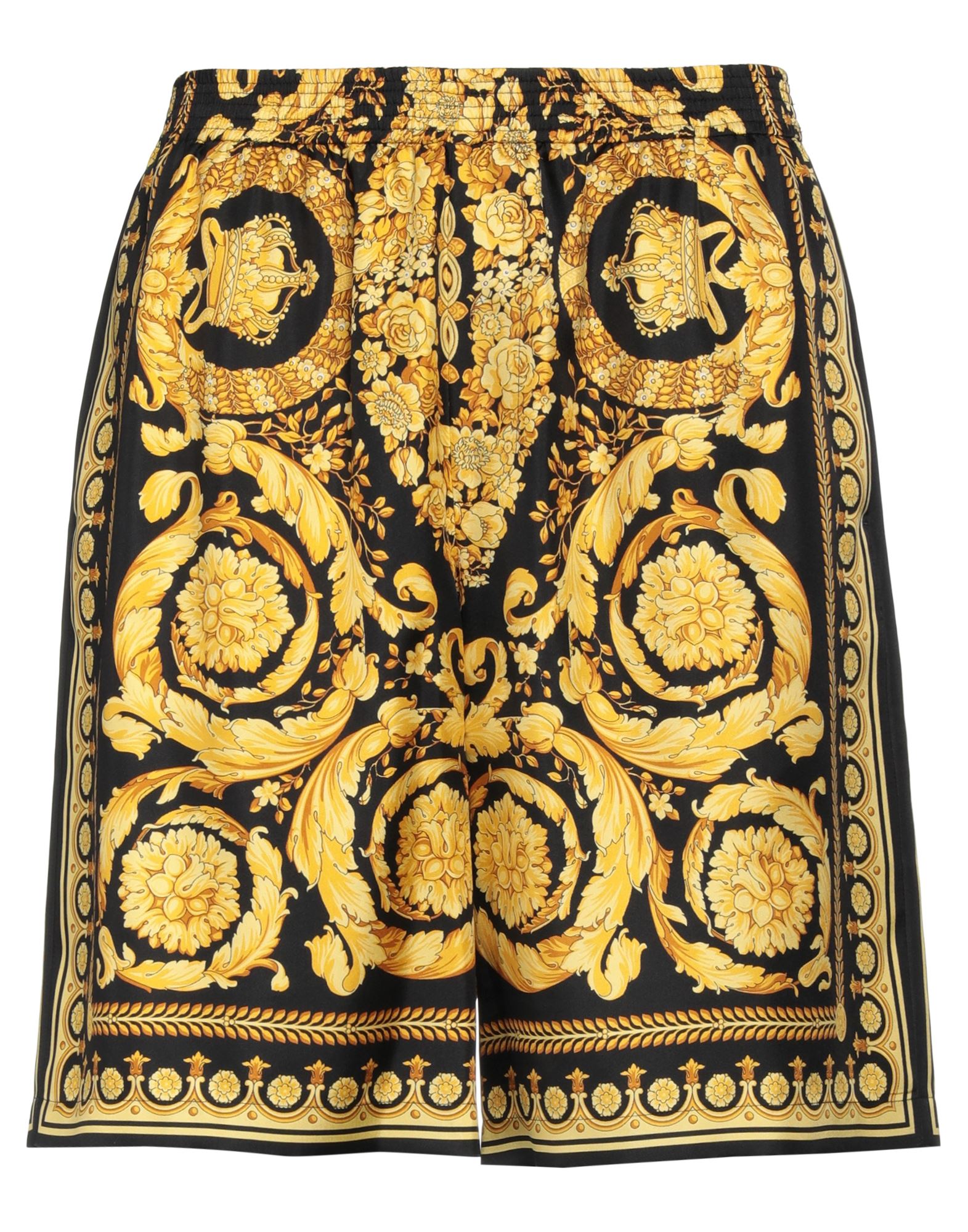Versace Knee-length Black And Gold Silk Shorts With Barocco Print In Black