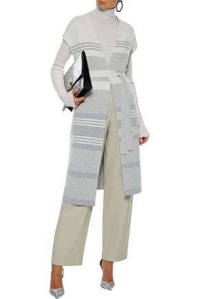 Akris Woman Belted Striped Cashmere Cardigan Stone