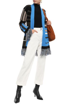 ETRO BELTED FRINGE-TRIMMED INTARSIA-KNIT CARDIGAN,3074457345621364781