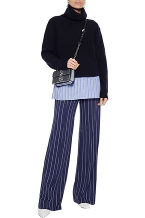 Sandro Woman Layered Striped Poplin And Ribbed Wool-blend Turtleneck Sweater Navy