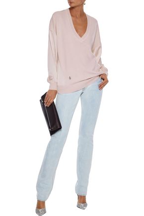 Amanda Wakeley Satin-paneled Cashmere And Wool-blend Sweater In Blush