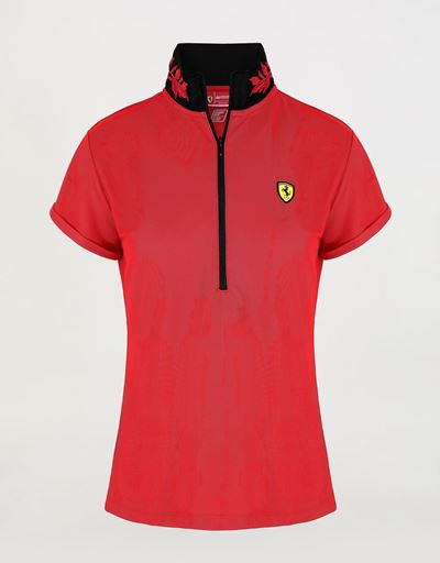 Polo donna in piquet tecnico con zip e ricamo alloro