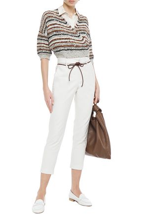 Brunello Cucinelli Cropped Sequin-embellished Striped Intarsia And Bouclé-knit Cotton Wrap Cardigan In Copper