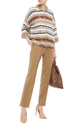 Brunello Cucinelli Sequin-embellished Striped Mohair-blend Cardigan In Sand