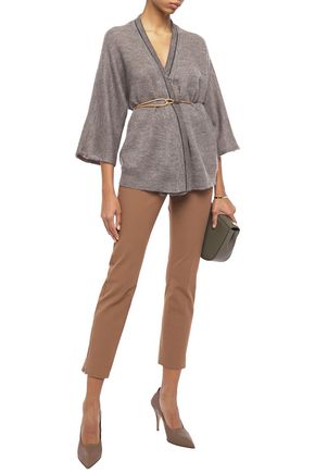 Brunello Cucinelli Belted Bead-embellished Mélange Knitted Cardigan In Taupe