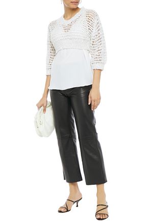 Brunello Cucinelli Layered Embellished Crepe De Chine And Open-knit Sweater In Ecru