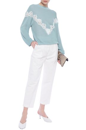 SEE BY CHLOÉ GUIPURE LACE-TRIMMED RIBBED COTTON-BLEND SWEATER,3074457345622320019