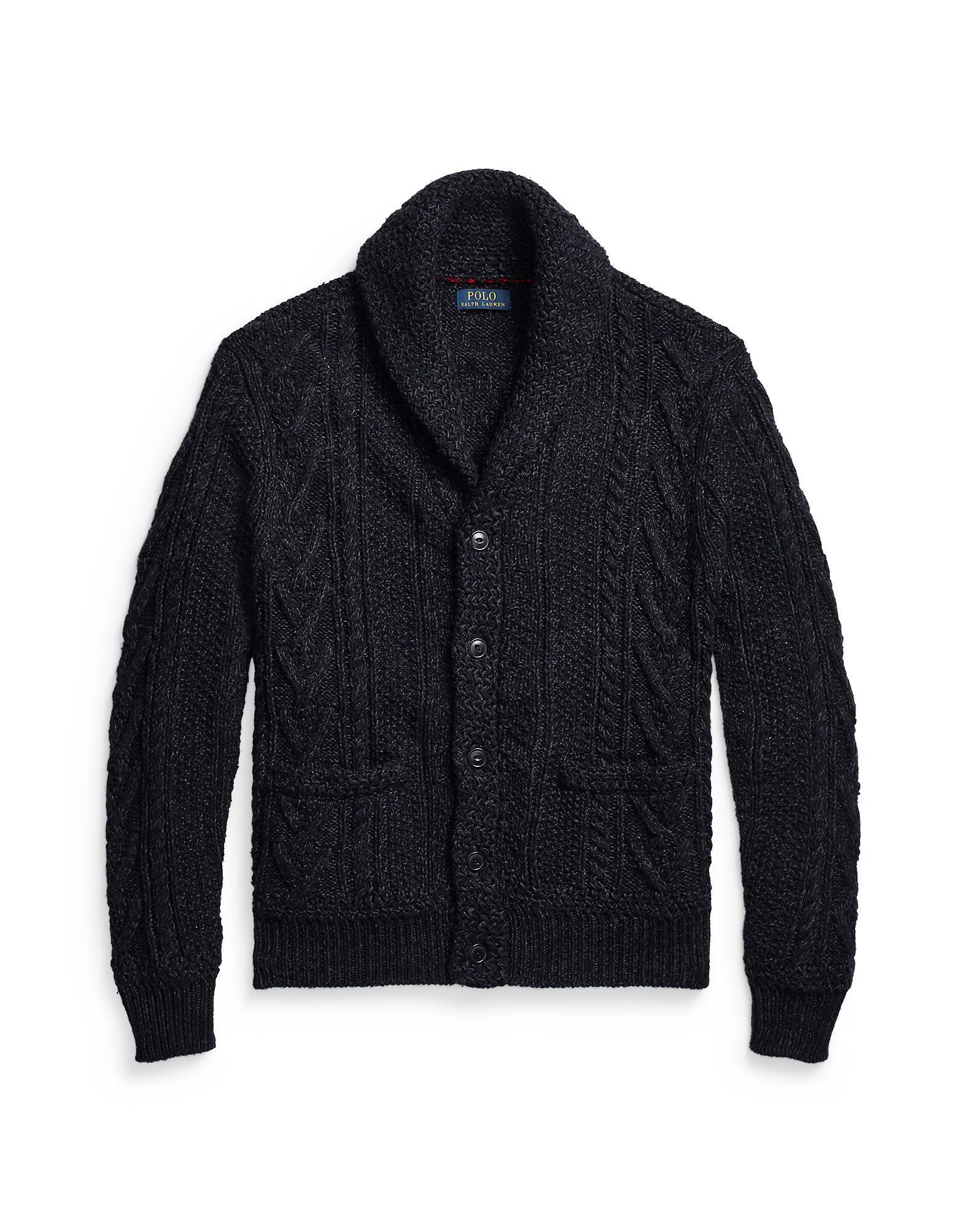 《セール開催中》POLO RALPH LAUREN メンズ カーディガン ダークブルー S コットン 62% / リネン 28% / アクリル 10% ARAN-KNIT COTTON-BLEND SHAWL CARDIGAN