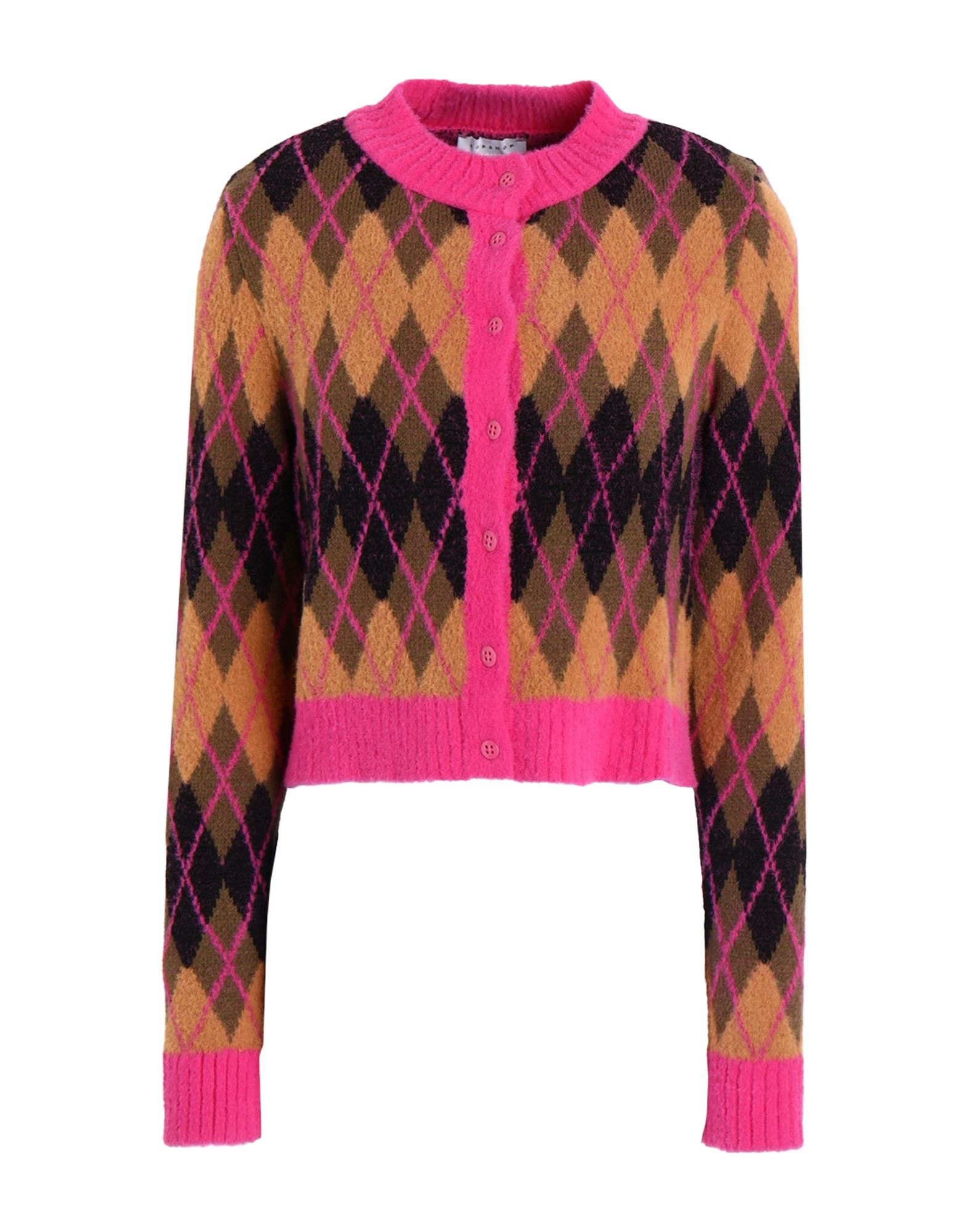 Topshop Knitted Bright Argyle Crop Cardi In Multi In Brown Multi