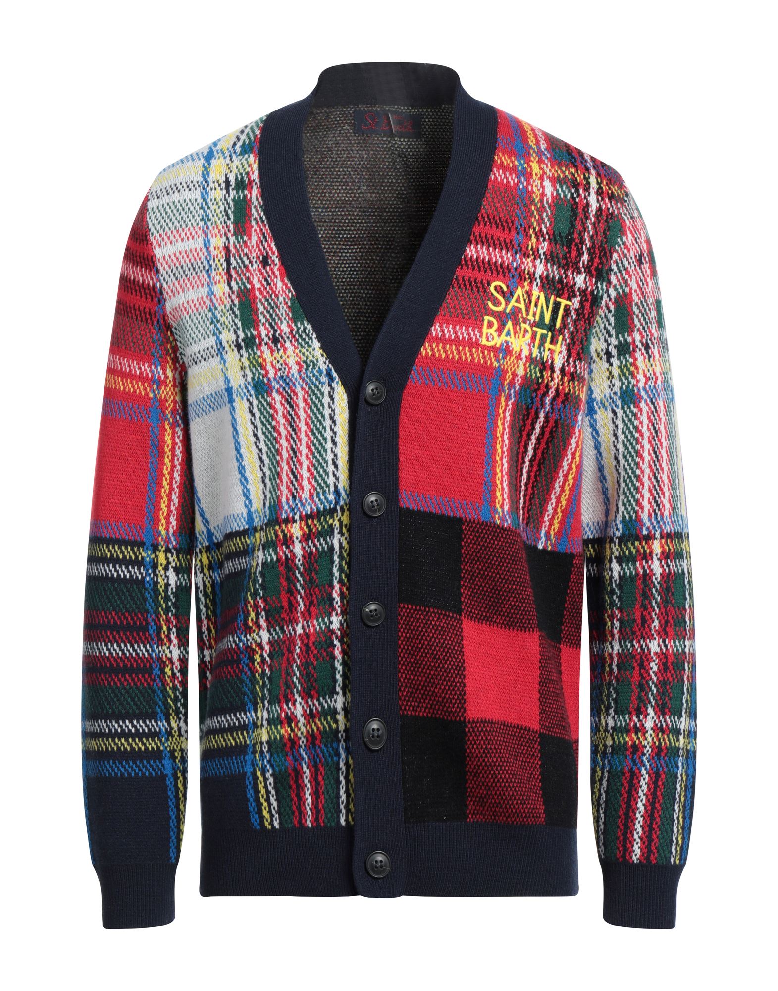 Mc2 Saint Barth Tartan Knitted Cardigan With Saint Barth Embroidery In Red