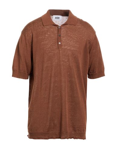 Alpha Studio Man Polo Shirt Brown Size 50 Linen, Cotton