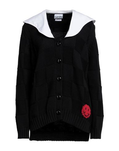 Ganni Smiley Motif Oversized Collar Cardigan In Black