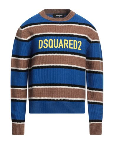 Dsquared2 Logo Striped Wool Knit Sweater In Nut Electric Blue