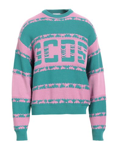 Gcds Green And Pink Striped Logo Crewneck Sweater With Inside Out Jacquard In Wool Blend Man  In Multicolor