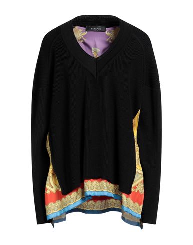 Versace Layered Printed Silk-twill And Wool Sweater In Black