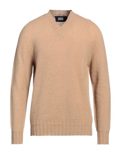Shop Alpha Studio Man Sweater Camel Size 40 Wool In Beige